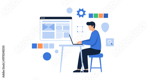 Exhausted worker sleeping at desk with laptop surrounded by design elements