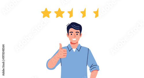Illustration of a user satisfied with product or service rating five stars