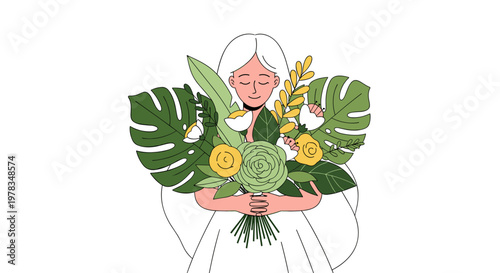 Illustration of woman holding a beautiful bouquet of tropical green and yellow flowers