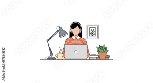 Minimalist top-down view of person working on laptop with plant and lamp