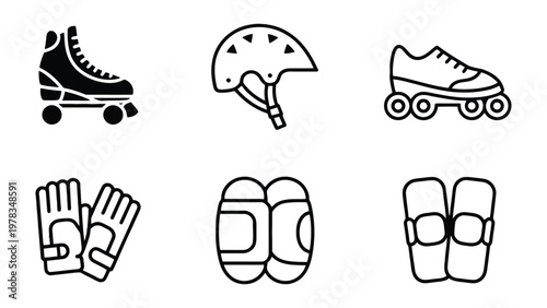 Inline Skating Essentials: A collection of safety equipment and footwear essential for roller skating, including inline skates, helmet, elbow pads, gloves and knee pads.