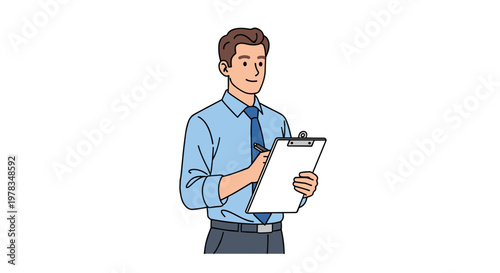 Professional man actively reviews data on clipboard with focus and serious expression