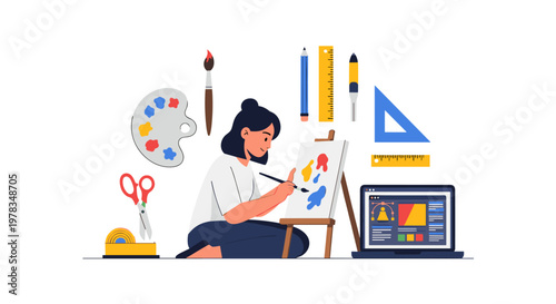 Creative woman paint with brush and color on canvas board Art supplies concept