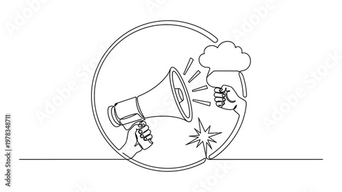 A hand holding a megaphone with another hand making a stop gesture. Continuous line style. Hand drawn. Line art. Vector design. illustrations
