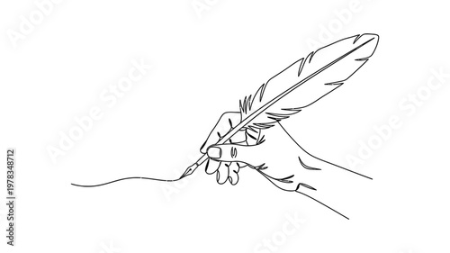 A hand holding a quill pen. Continuous line style. Hand drawn. Line art. Vector design. illustrations