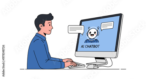 Illustration of a Man Interacting with a Friendly AI Chatbot on a Computer Screen