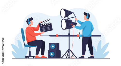 Illustration of male creative professionals working on film production set
