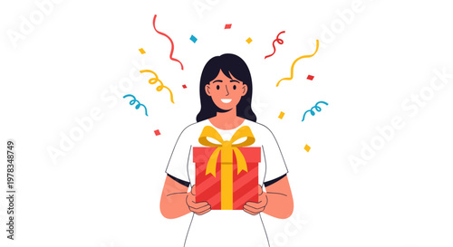 Joyful Woman Receives a Vibrant Gift Box Amidst Falling Confetti and Streamers