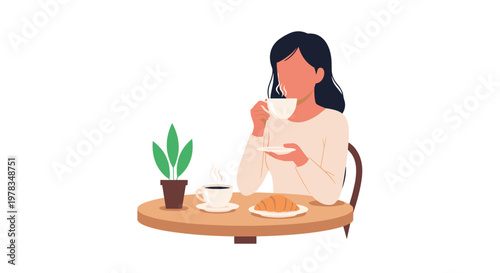 Woman Enjoy Morning Routine with Coffee Croissant and Plant Concept Illustration