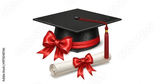 Academic Graduation Cap with Tassel and Diploma Scroll in Bold Red Ribbons