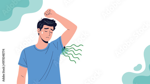 Embarrassed man with sweat stains on his armpit and green wavy lines representing unpleasant body odor.