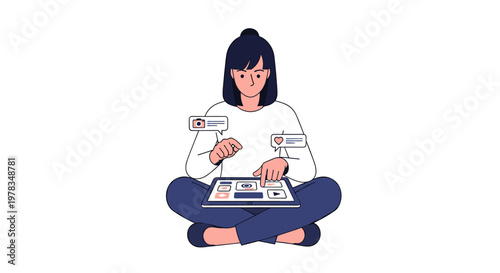Woman Interact Digital Tablet Social Media Notifications Creative Illustration Design
