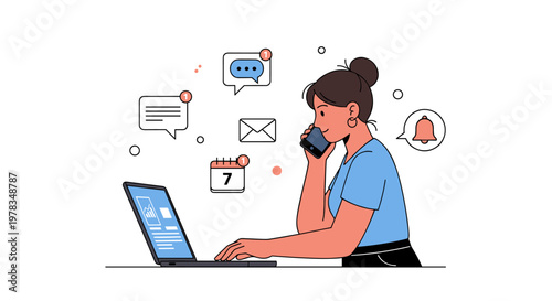Woman multitasking with phone and laptop surrounded by notification icons