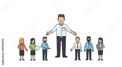 Illustration showing a diverse team of diverse people with a central leader figure