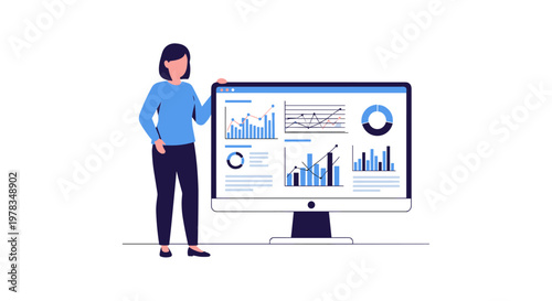 Illustration of a Woman Presenting Data Analytics on a Large Computer Screen