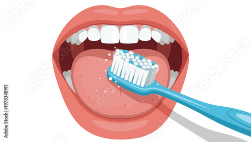 Close up illustration of a blue toothbrush cleaning a human tongue to remove bacteria and maintain oral hygiene.