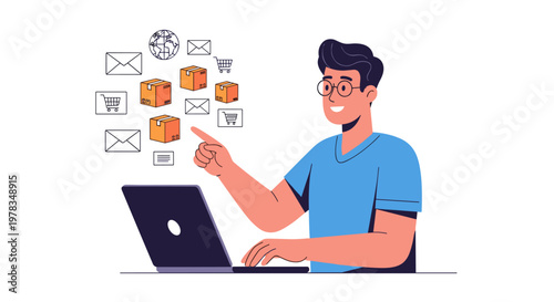 Man appears from laptop pointing at shipping boxes and digital icons commerce concept