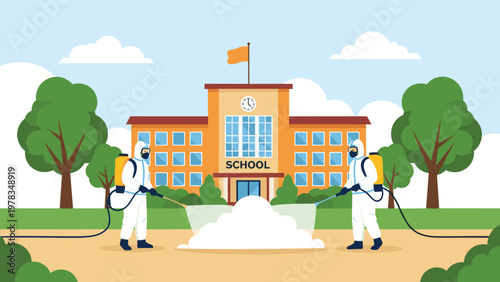 Specialized workers in white hazmat suits spraying disinfectant to sanitize a school building and outdoor area.