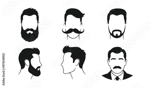 Collection of black and white male facial hair and hairstyle silhouettes beards mustaches for father's day