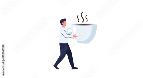 Man Overwhelmed by Gigantic Coffee Cup on White Background - Business Metaphor