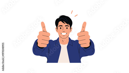 Young man with a cheerful smile showing a double thumbs up gesture expressing approval and success.