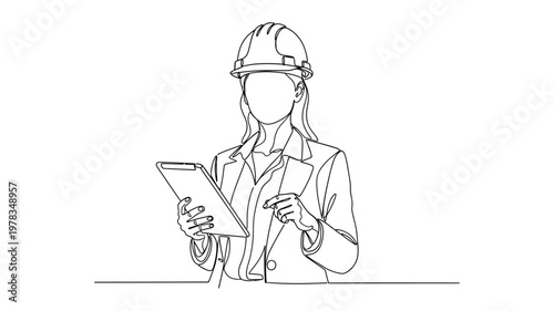 A female engineer in a hard hat using a tablet. Continuous line style. Hand drawn. Line art. Vector design. illustrations