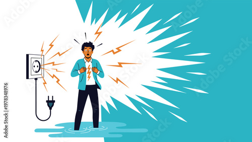 Man getting an electric shock from a wall outlet while standing in a puddle of water representing home danger.