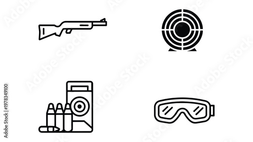 Shooting Range Essentials: Iconic illustrations depicting the core elements of a shooting range activity, conveying precision, preparation, and safety.