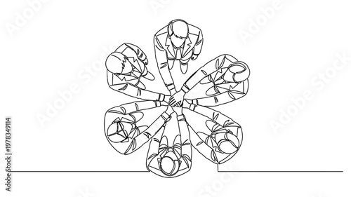 Continuous line drawing of business people shaking hands in a circle. Continuous line style. Hand drawn. Line art. Vector design. illustrations