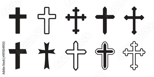 Christian cross symbols collection, religious icon set, ornate decorative crosses, simple modern cross designs, faith spirituality icons, Christianity graphic illustration