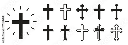 Christian cross symbols collection, religious icon set, ornate decorative crosses, simple modern cross designs, faith spirituality icons, Christianity graphic illustration
