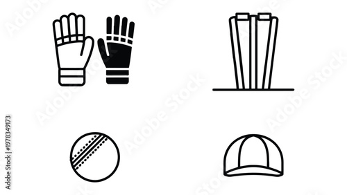 Cricket Essentials: A set of essential cricket equipment, including gloves, stumps, ball, and cap, is presented in a clean, minimalist style against a simple background.