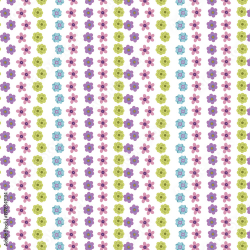 Seamless Vertical Stripe Floral Pattern with Tiny Colorful Spring Flowers in Purple Blue and Green for Sweet Girly Backgrounds