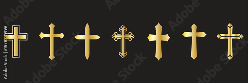 Black of Christian crosses in distressed styles, featuring various shapes on a white background, icon sheet in grunge style. Christian cross set. Abstract religious cross icons, vector illustration