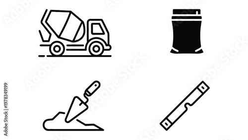 Construction Icons: An organized presentation of essential construction symbols, capturing the core elements of the building process, from the mixing truck to the leveling tool.