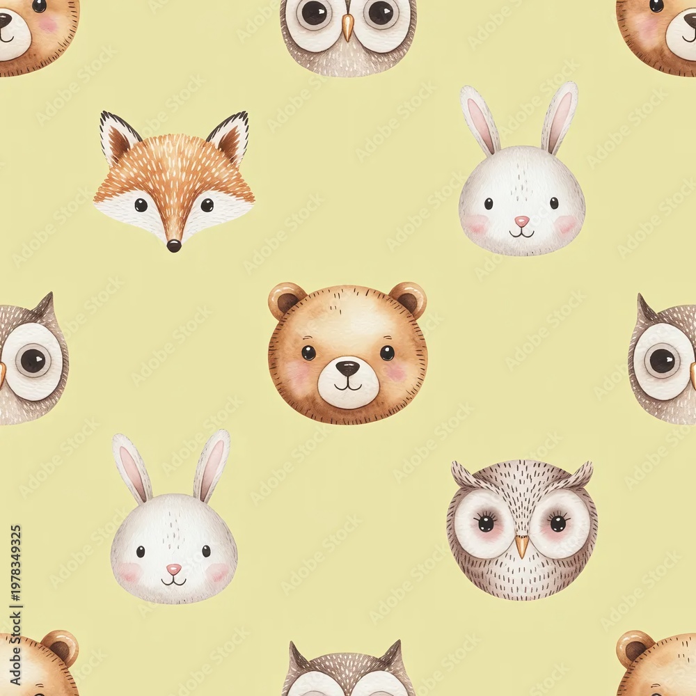 Obraz premium Cute forest animals like foxes bunnies and owls smiling in a playful pattern
