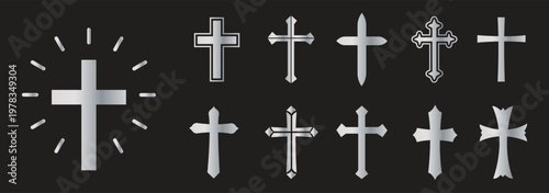 Black of Christian crosses in distressed styles, featuring various shapes on a white background, icon sheet in grunge style. Christian cross set. Abstract religious cross icons, vector illustration