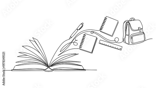 School supplies and an open book. Continuous line style. Hand drawn. Line art. Vector design. illustrations