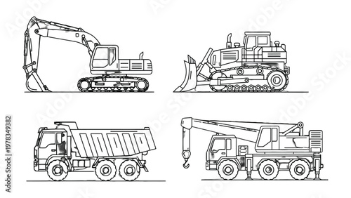 Construction Machines Blueprint: A detailed blueprint of essential construction vehicles, showcasing an excavator, bulldozer, dump truck, and crane in a technical drawing style.