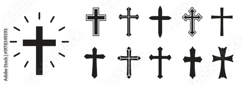 Christian cross symbols collection, religious icon set, ornate decorative crosses, simple modern cross designs, faith spirituality icons, Christianity graphic illustration