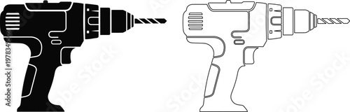 Two black and white illustrations of electric drills