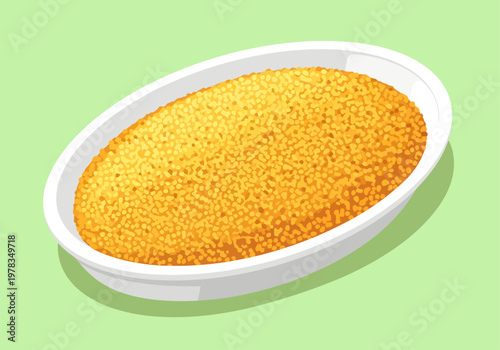 A pristine white oval dish sits on a sleek pastel green surface, generously filled with a mound of tiny, vibrant golden-yellow grains that resemble perfectly cooked fluffy couscous ready to be served