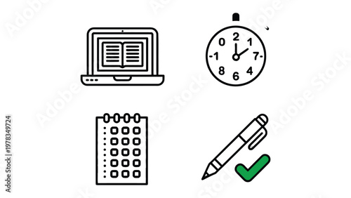 Knowledge Toolkit: A minimalist graphic arrangement of essential learning tools - a laptop with an open book, a classic clock, a calendar and pen with checkmark. 