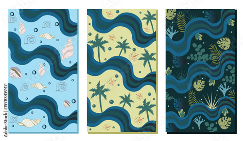 Print Summer Tropical mobile wallpaper poster Set with Waves, Seashells, Palm Trees and Jungle Leaves
