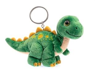 A green plush dinosaur keychain with yellow spikes and a beige underbelly