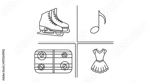 Elements of a Figure Skating Scene: A collection of line art elements representing figure skating, including ice skates, musical note, ice rink, and a skating dress.