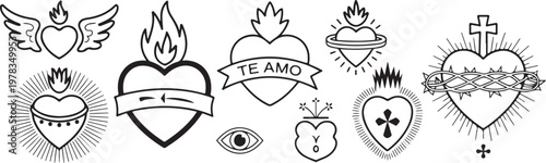 A set of different black and white sacred heart illustrations, traditional style for tattoo or religious symbol.