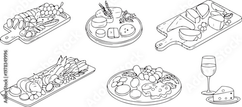 A set of various line art illustrations of charcuterie boards with different arrangements of food items and wine.