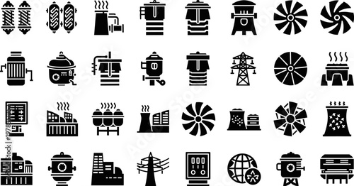Industrial heavy machinery and power energy plant vector silhouettes set featuring cooling towers, electric pylons, factory buildings, ventilation fans, and manufacturing equipment icons.