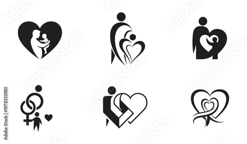 Collection of black and white heart symbols with silhouettes of people love for father's day